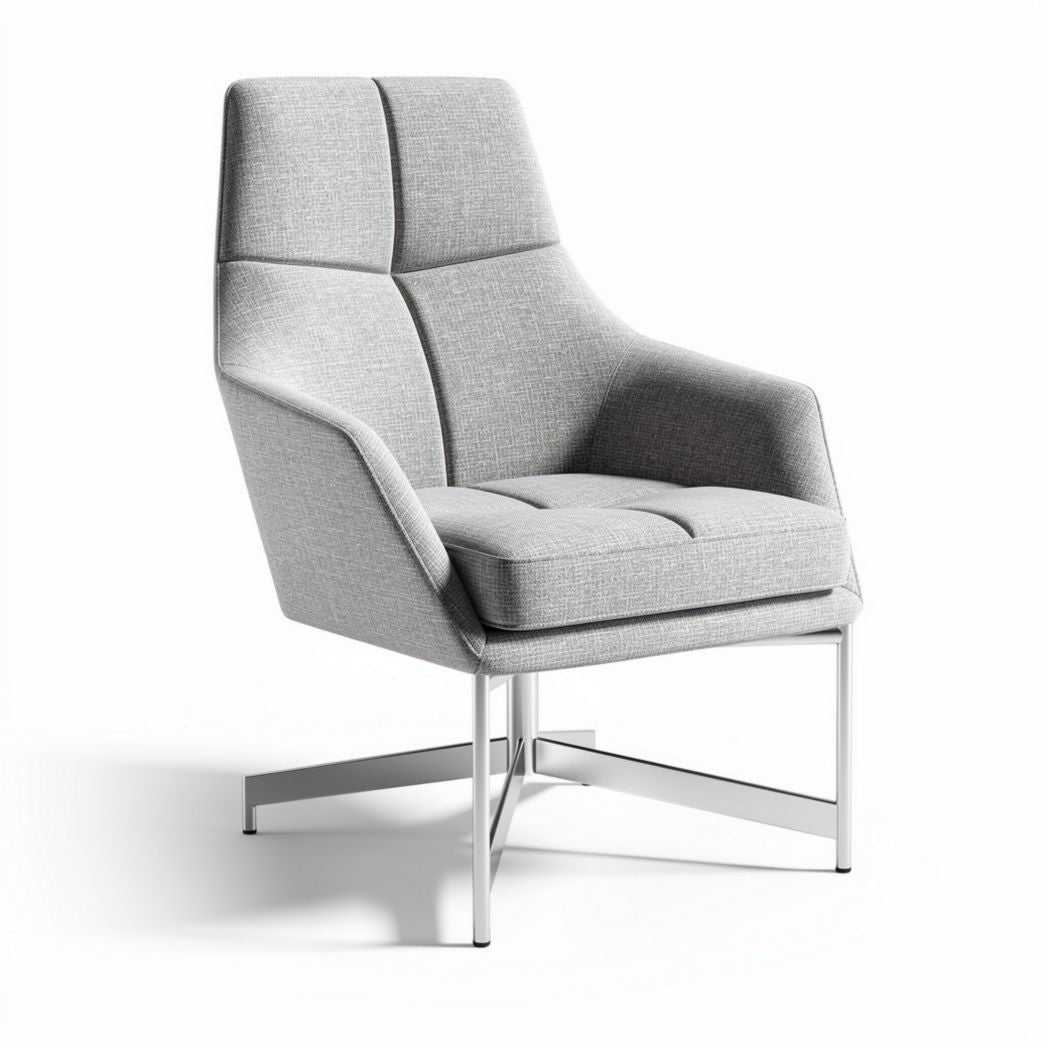 Contemporary gray upholstered accent chair with stainless steel legs