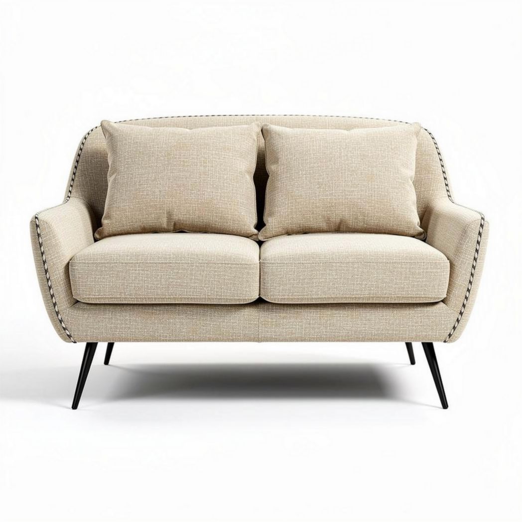 Contemporary linen fabric loveseat with two cushions and metal legs