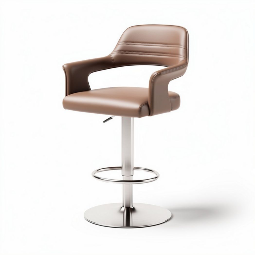 Brown leather bar stool with adjustable height and chrome base