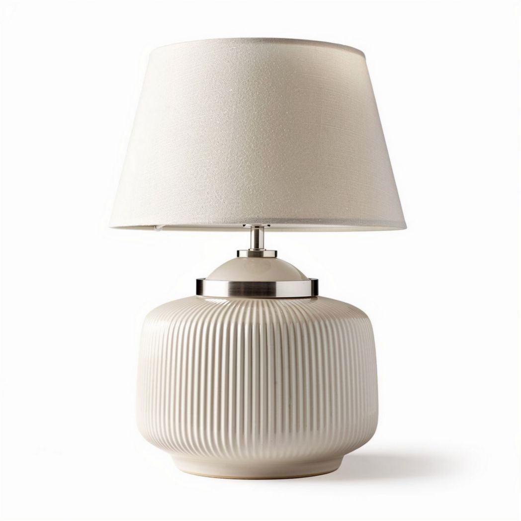 Ceramic table lamp with textured base and fabric shade 25 x 25 x 40cm