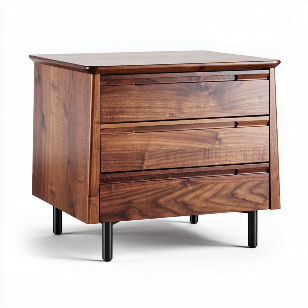 Wooden nightstand with three drawers and metal legs in walnut finish 60 x 45 x 50cm