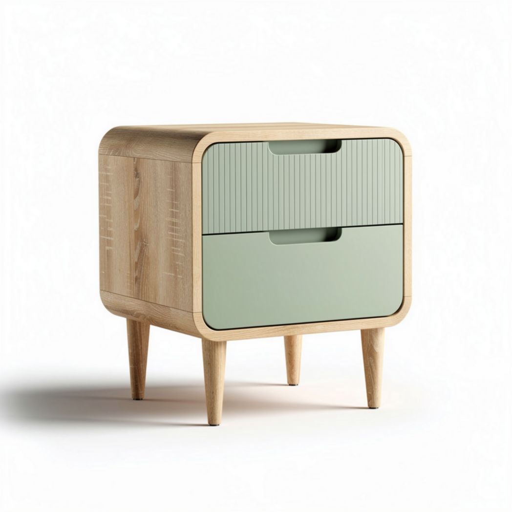 Wooden nightstand with two drawers and green front panel 50 x 40 x 45cm