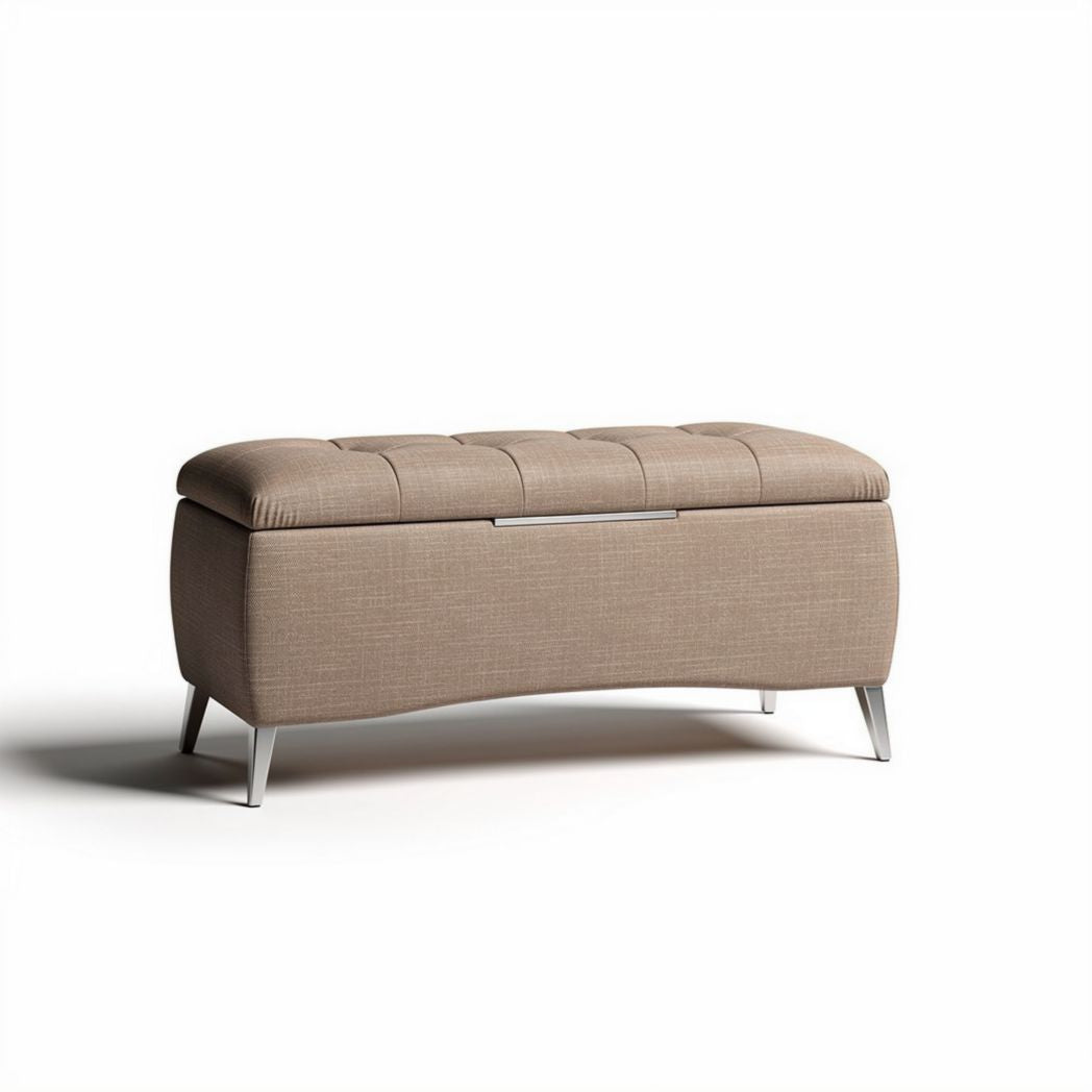 Upholstered storage bench in taupe fabric with silver legs 90 x 40 x 45cm