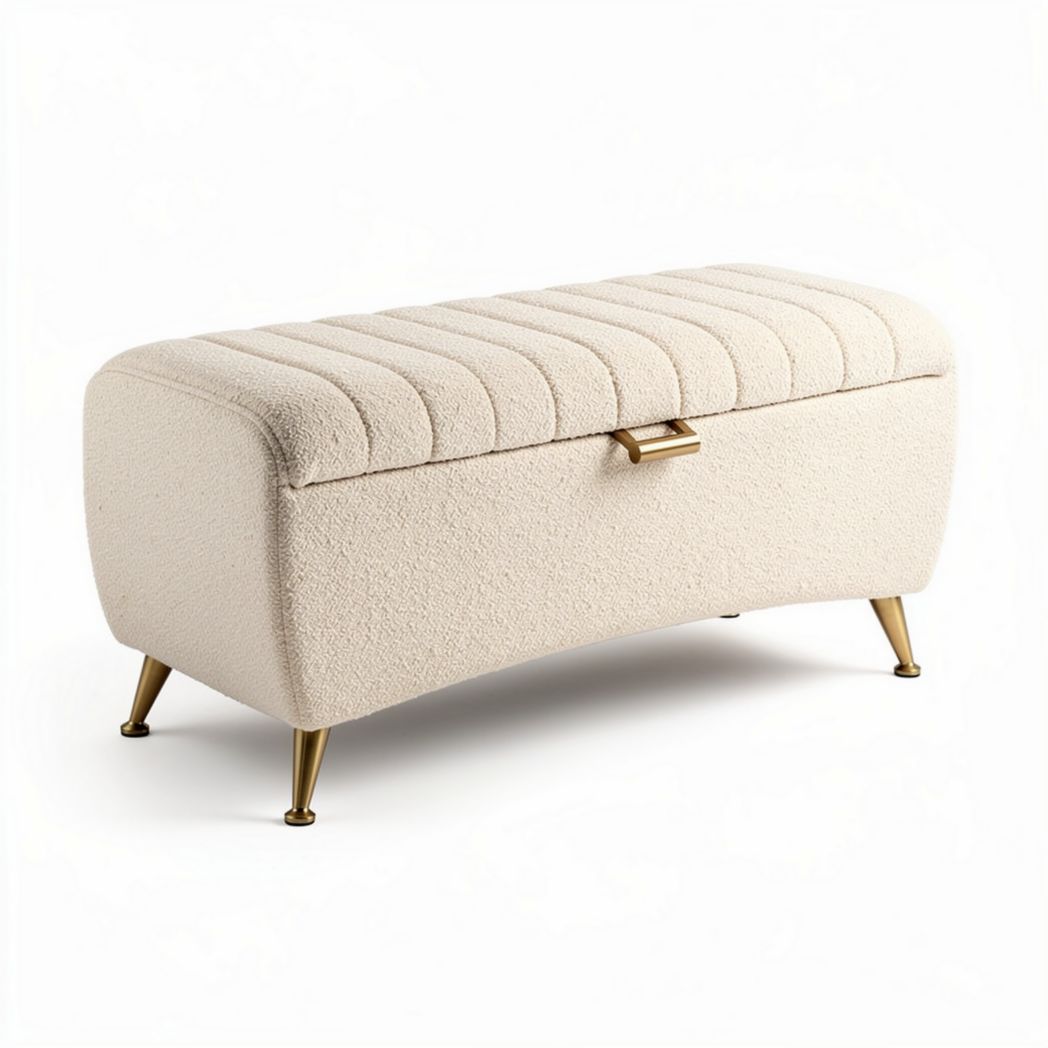 Storage ottoman in cream fabric with gold metal legs 100 x 40 x 45cm