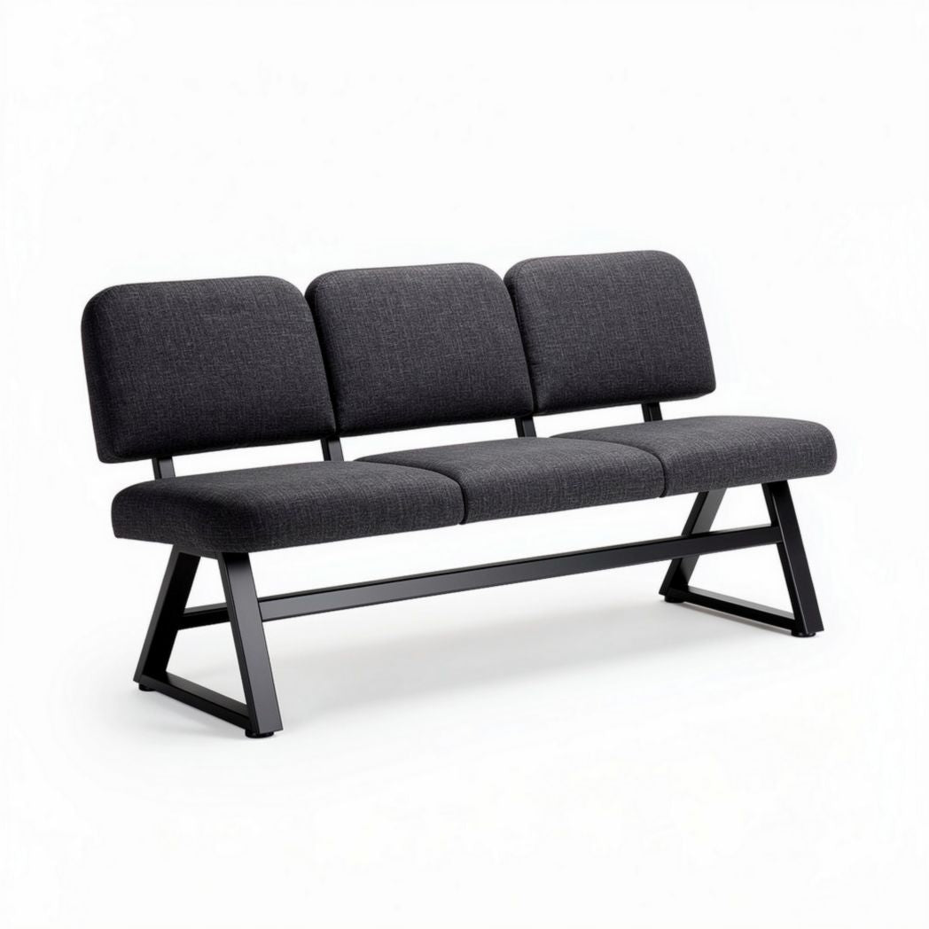Modern three-seater sofa with black metal frame and gray upholstery 150 x 70 x 80cm