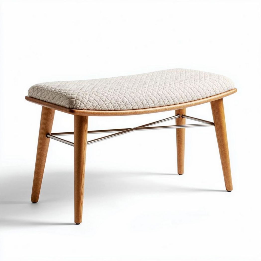 Contemporary wood bench with upholstered top and metal support 70 x 40 x 40cm