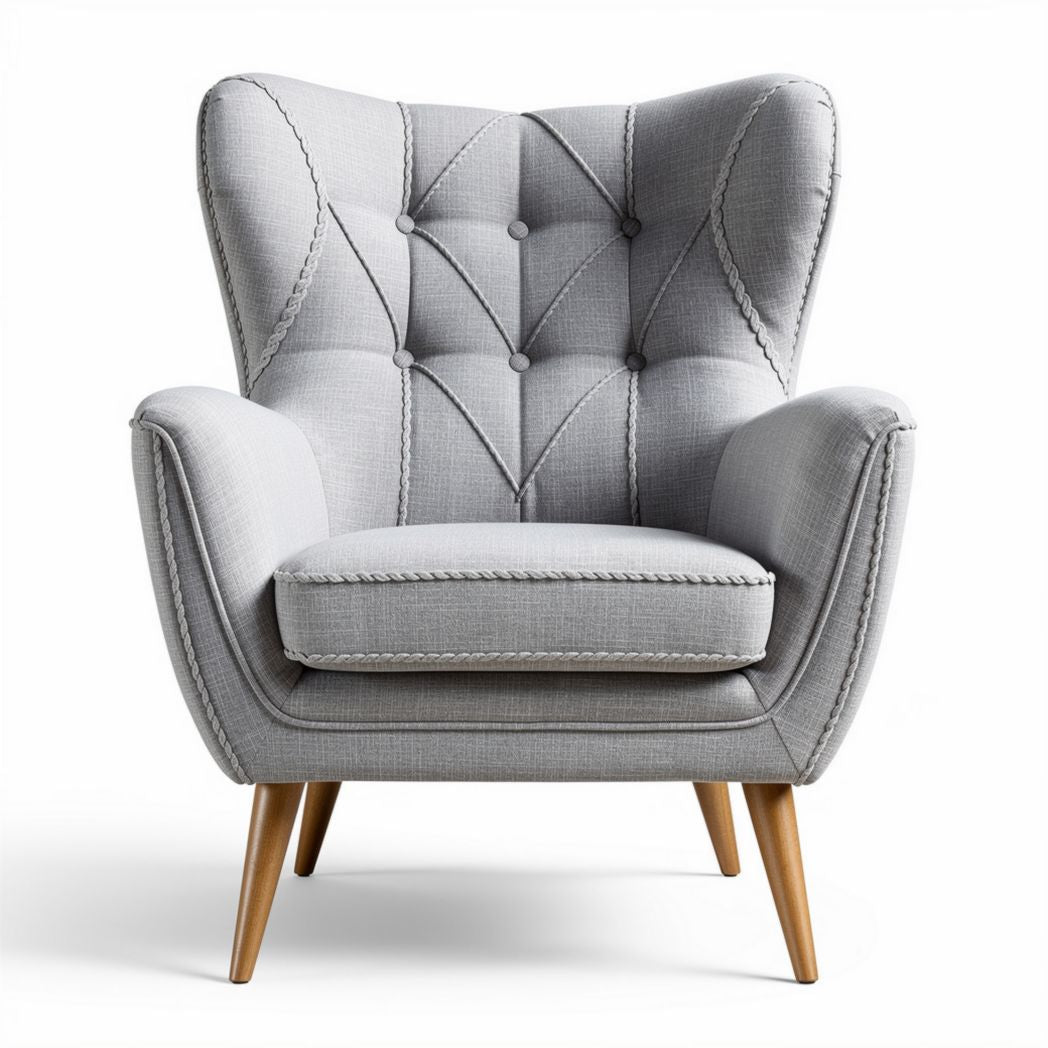 Modern tufted accent chair in light gray fabric with wooden legs 80 x 80 x 90cm